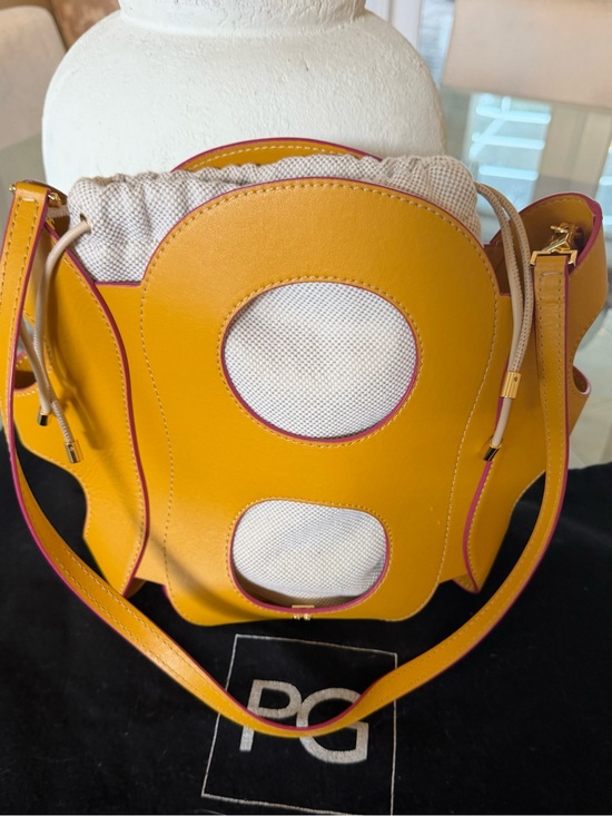 Purificacion Garcia Handbags - Purificacion Garcia Yellow Leather Drawstring Bucket Shoulder Bag with Pink Trim